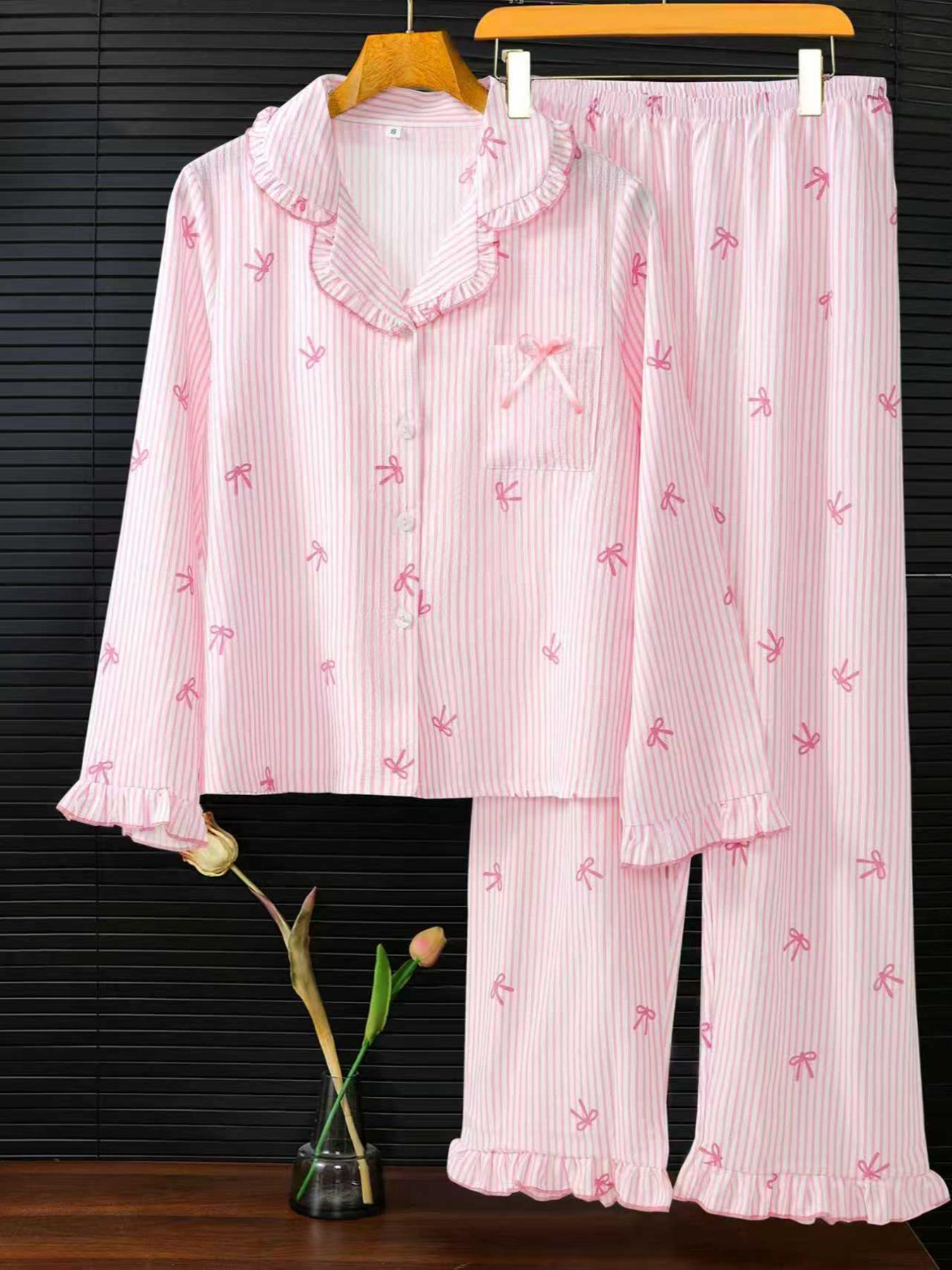 Women's Sleepwear Set Pajamas Breathable Striped Bow Design, Sweet & Fashionable Home Wear, Comfortable Nightgown for Women