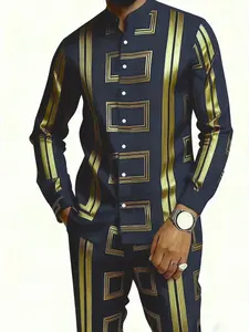 Men's Two-Piece Casual Set, Long-Sleeve Stripe Shirt and Long Pants with Stand Collar, Multi-Color Outfit for Parties and Spring–Autumn Wear, Multifunctional Casual Outfit Set