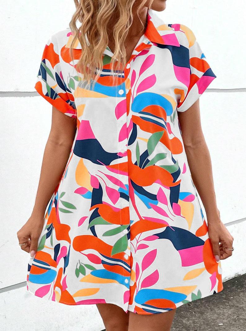 Plus Size Lapel Short Sleeve Shirt Dress, Botanical Print, Loose Curvy Friendly Mini Dress