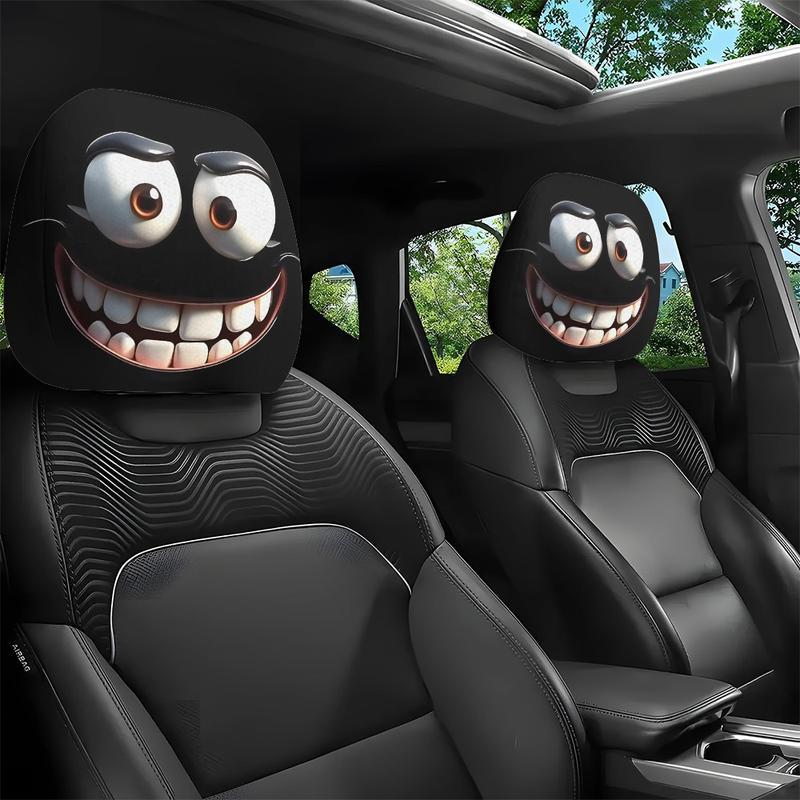 2pcs Funny Big-Eyed Grinning Cartoon Car Seat Headrest Covers, Universal Fit for Road Trips, Halloween Christmas Decor, Car Interior Decor