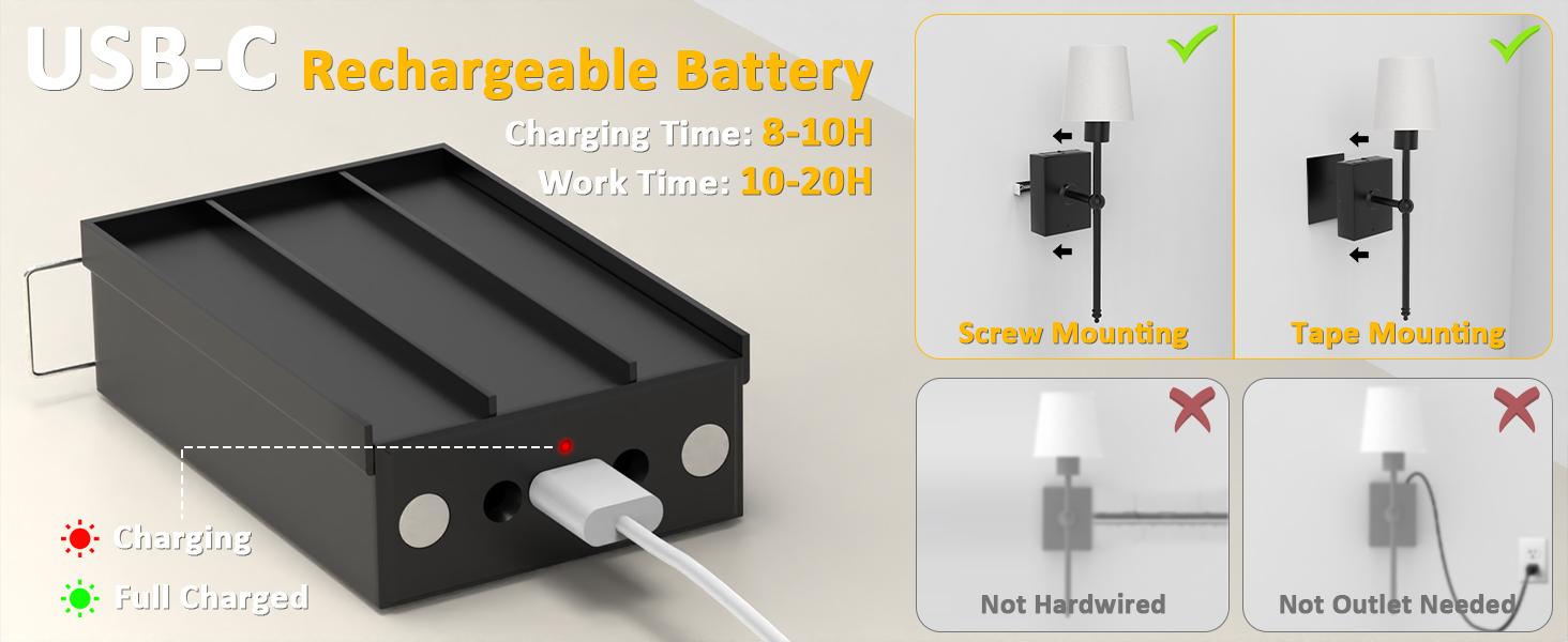 Wireless Rechargeable Wall Sconces w/ Remote | Adjustable Brightness | Ambient Lighting, Set of 2 | White Fabric Shade, Indoor Wireless Lamp For Bedroom Living Room