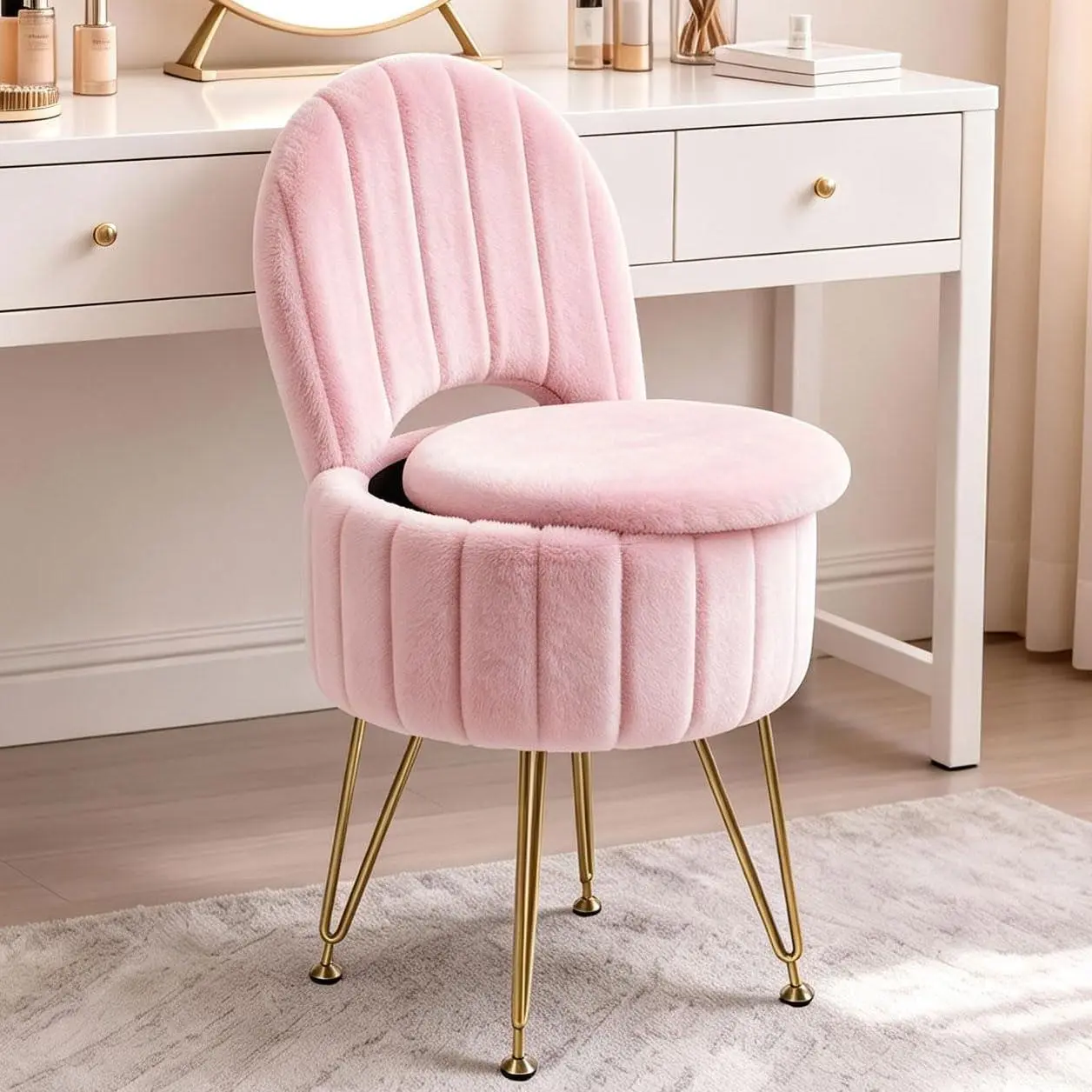 Vanity Stool Chair with Storage and Folding Back – Soft Faux Fur Ottoman, Modern Makeup Bench with Metal Legs and Adjustable Feet for Living Room, Bedroom, Makeup Room