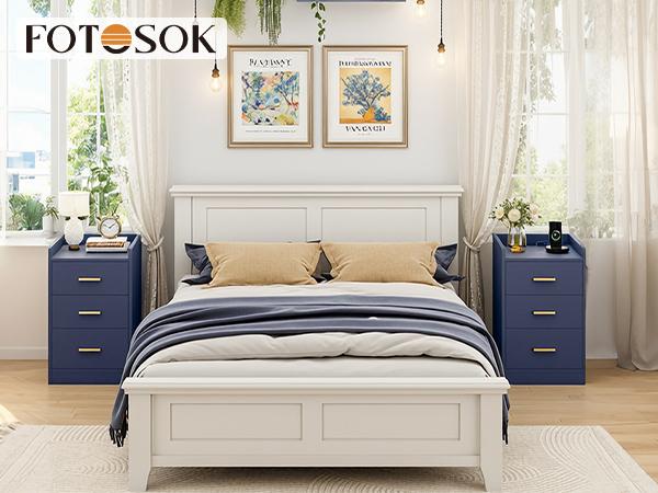 FOTOSOK Nightstands Set of 2 Black Nightstand with Charging Station, 3 Drawer Nightstand with Gold Handles, Side Table for Home Office