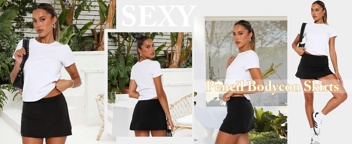 Women's High-Waist Stretch Fitted Pencil Bodycon Mini Skirt - Sexy Split Hem, 2026 Style, Black, White, Ideal for Holidays, Parties, Black Skirt, Skirts