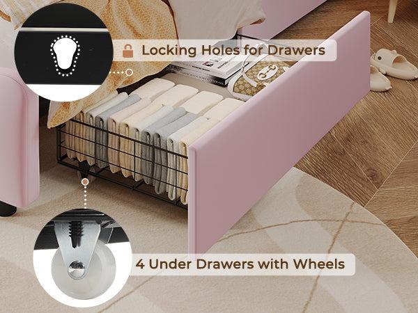 Sikaic Upholstered Platform Led Bed Frame with USB Ports Drawers Pink Furniture Corner Headboard Bedroom Set Bedframe