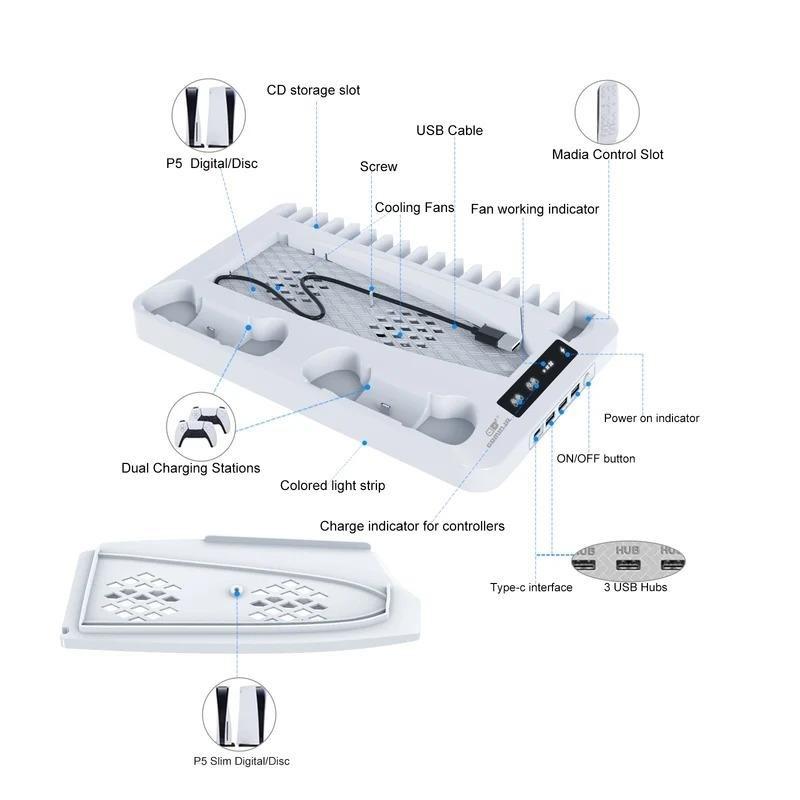 2026 Upgraded Cooling Station for PS5/Slim Console with Dual PS 5 Controller Charger,Dual Tubor Fan,3 USB Hubs