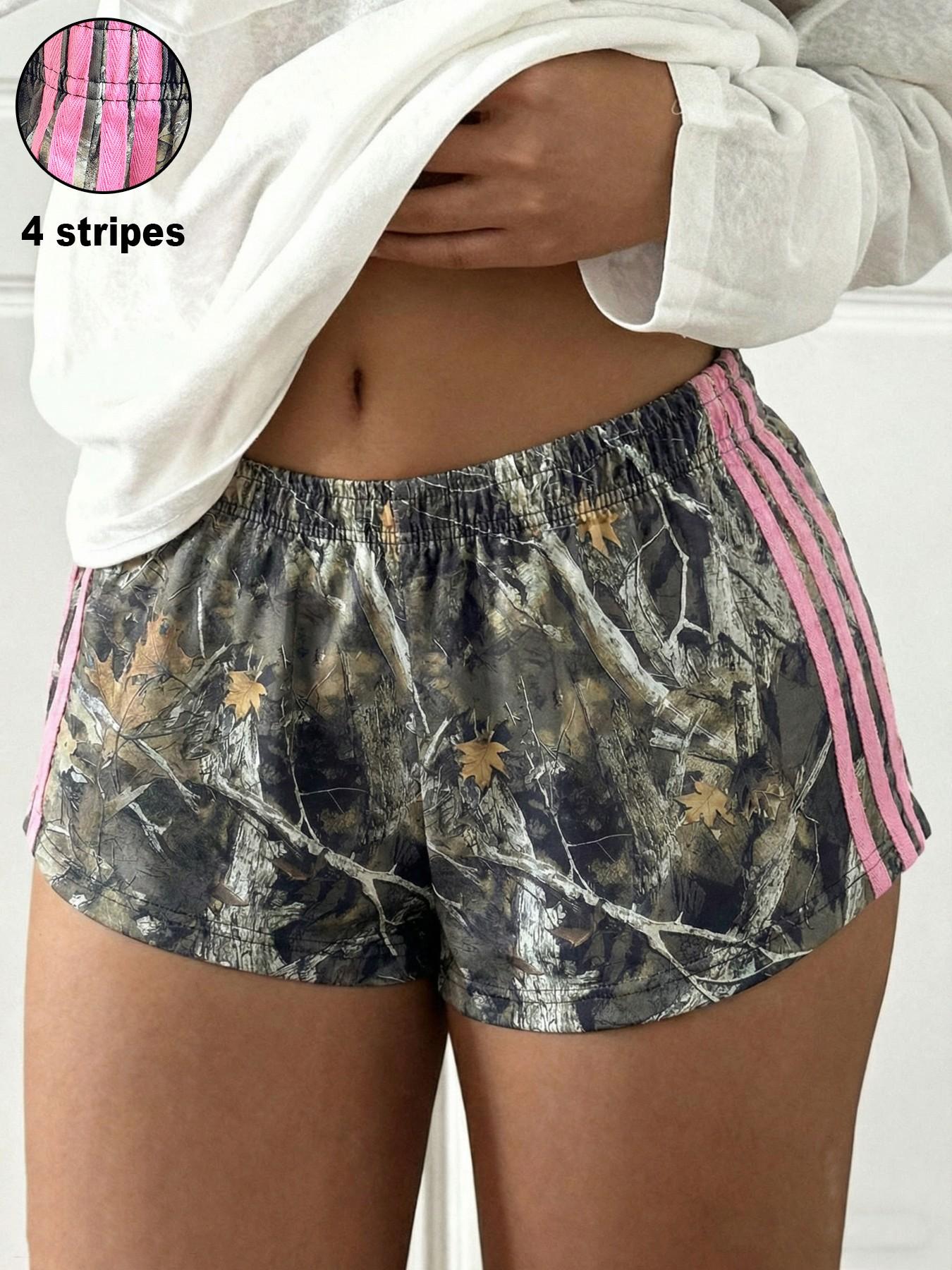Women's Summer Camo Print Shorts, Casual Loose-Fitting Elastic Waist, Side Striped Design, Outdoor Wear, Daily Use, Everyday Fashion Womenswear Bottoms