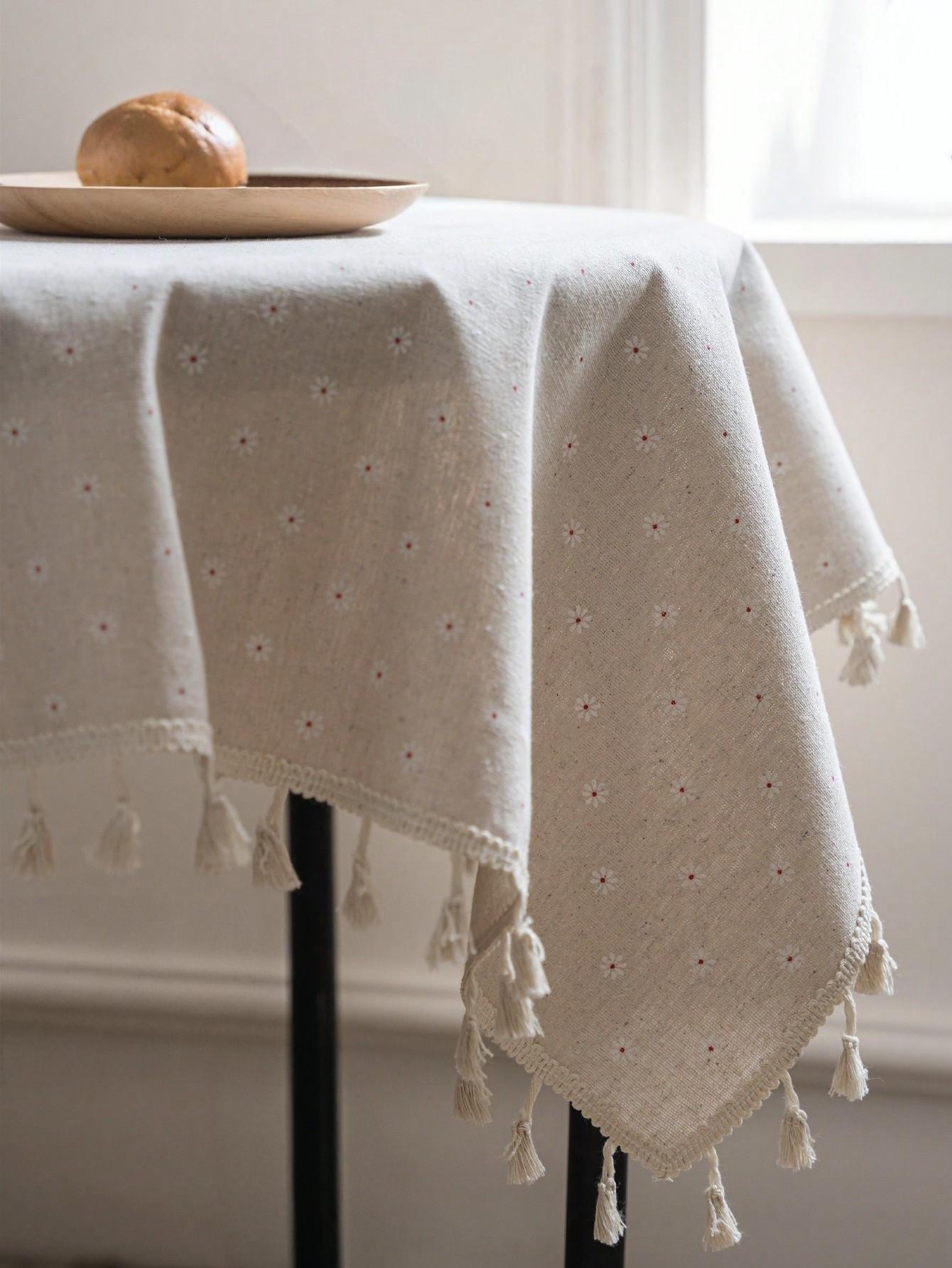 1pc Small Daisy Square Tablecloth with Fringe, Dust Cover for Bedside Cabinets, Multifunctional Home Decor, All Seasons Use