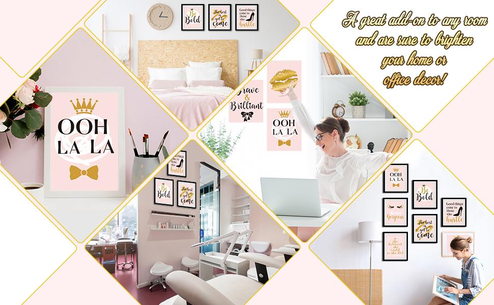 9 Pcs Inspiration Wall Decor for Women, Pink and Gold Makeup Lash Lips Wall Art Poster, Motivational Quotes Fashion Prints for Women Bathroom Bedroom Home Decor, 8 x 10 Inch, Unframed