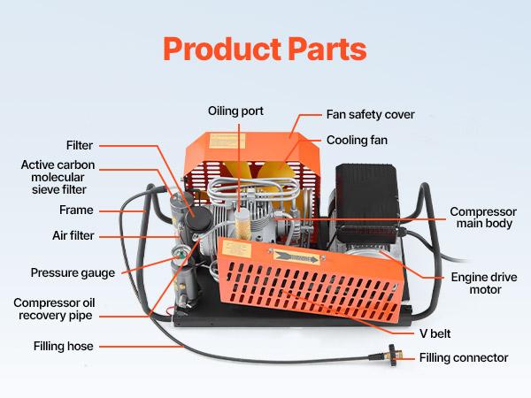 VEVOR PCP Air Compressor, 4500PSI/30Mpa Diving Scuba Tank Air Compressor, 60 L/min Four-Cylinder Auto Stop PCP Rifle Compressor Pump with Fan Cooling System for Scuba Tanks, Paintball, Firefighting
