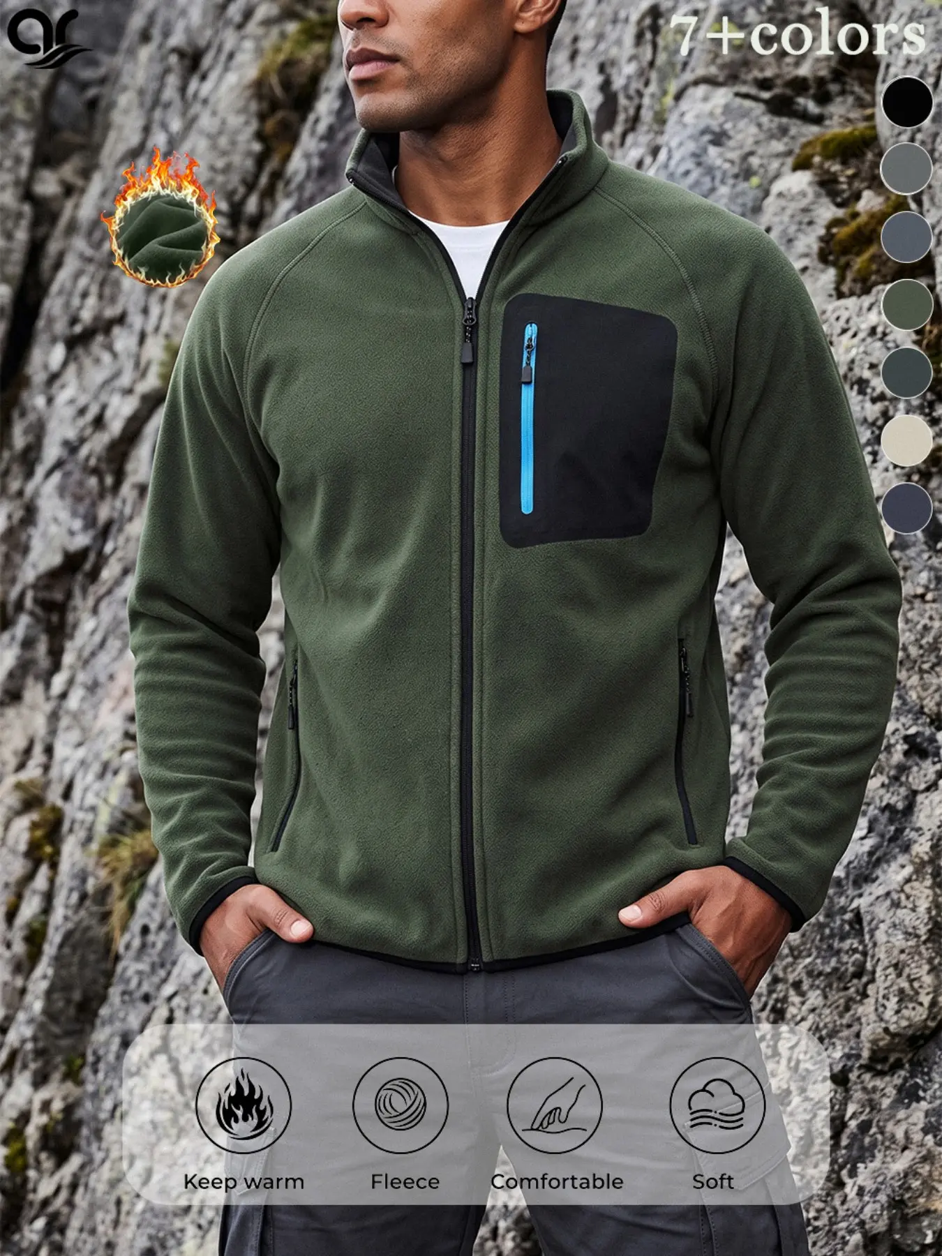 AR Men's Full Zip Fleece Jacket Stand Collar Warm Coat Casual Outdoor Activewear Tactical Hiking Workout Jacket Gorpcore Streetwear Outerwear with Chest Pocket