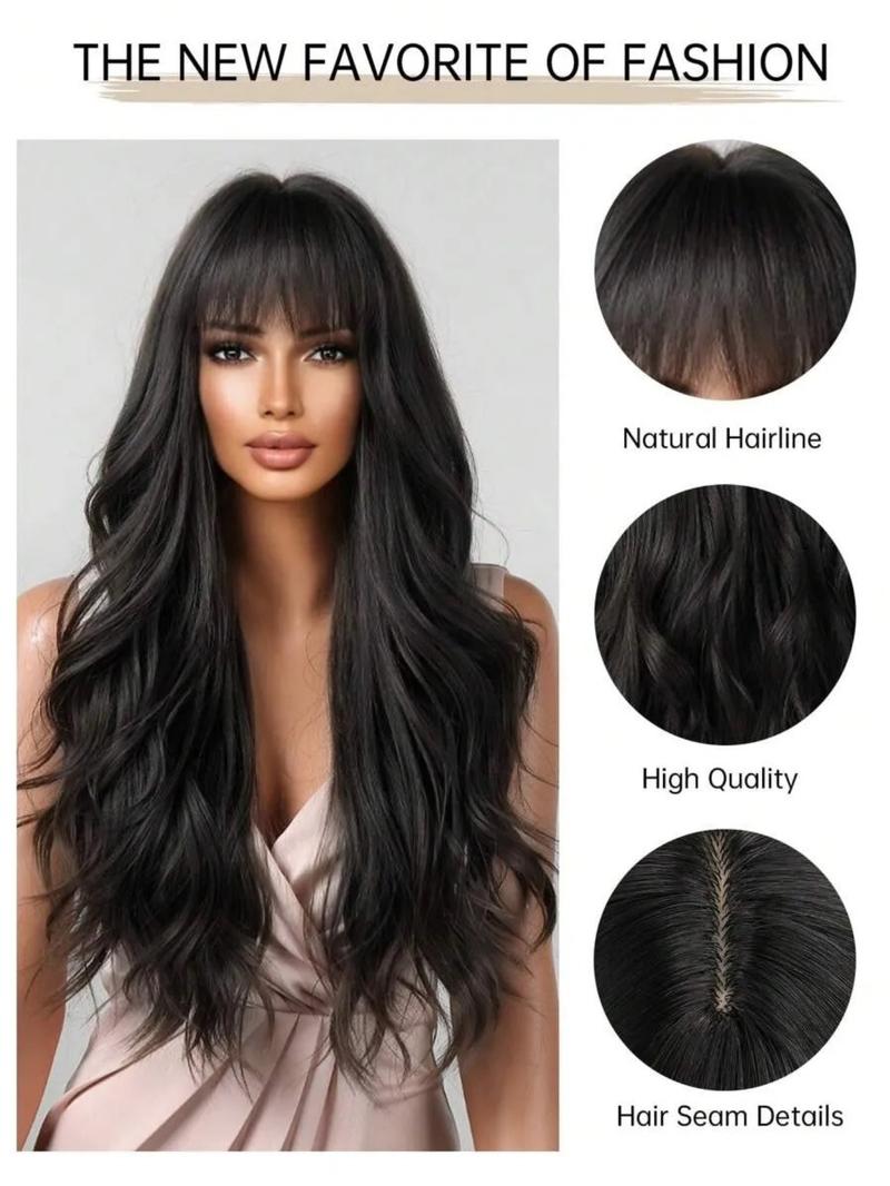 26 Inch Long Curly Wig with Bangs, Realistic Wave Style Synthetic Hair, Heat Resistant, Suitable for Girls Daily Wear and Party Decorations