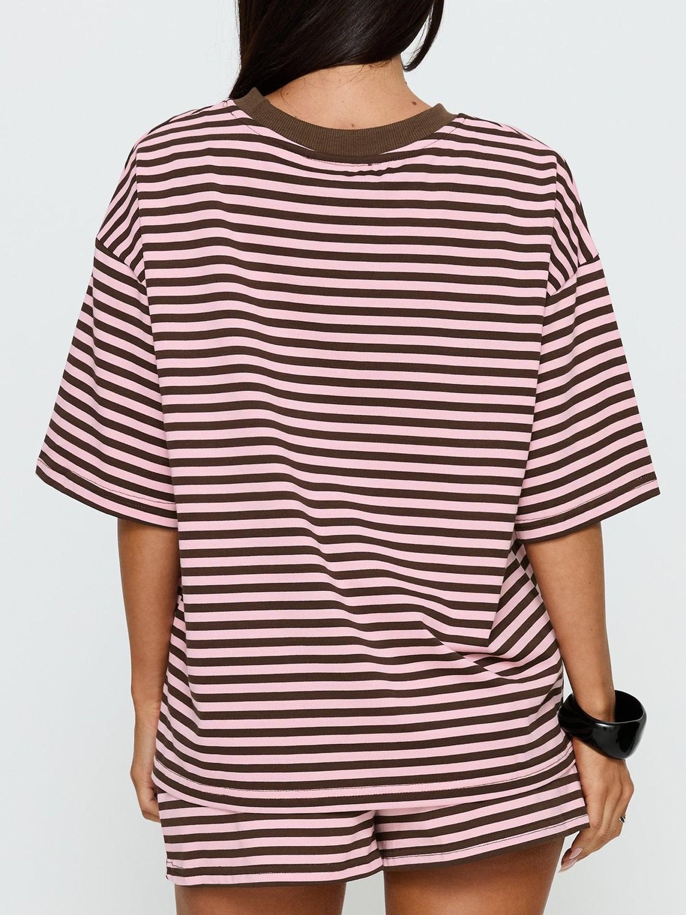 2 Spring Summer Stripe Print 2 Piece Outfit Women | Oversized T-Shirt + Drawstring Shorts | Soft Casual Lounge Set | Y2K Clean Girl Style for Daily Home Vacation Wear
