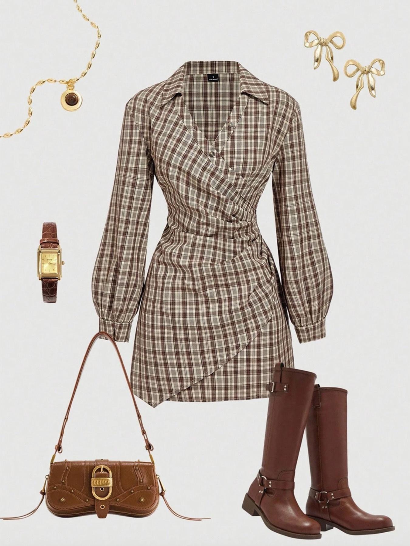 Women's Plaid Print V-Neck Lantern Sleeve Ruched Fitted Mini Dress, Suitable For Work, School, Casual Wear, Fall Clothes For Women,Shirt Dress,Brown Plaid,Office Outfit,Long Sleeves,Fitted Waist Stripe Print Dress，Irregular dress, Striped