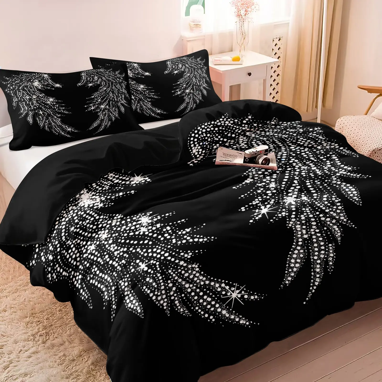 Black Background Rhinestone-Look Sparkly Angel Wings Print Bedding Set, Printed Bedding Set, Includes 1 Duvet Cover and 1-2 Pillowcases, Skin-Friendly Soft Breathable All-Season Bedding, Y2K Dark Aesthetic Pattern, Girls Bedroom Decor