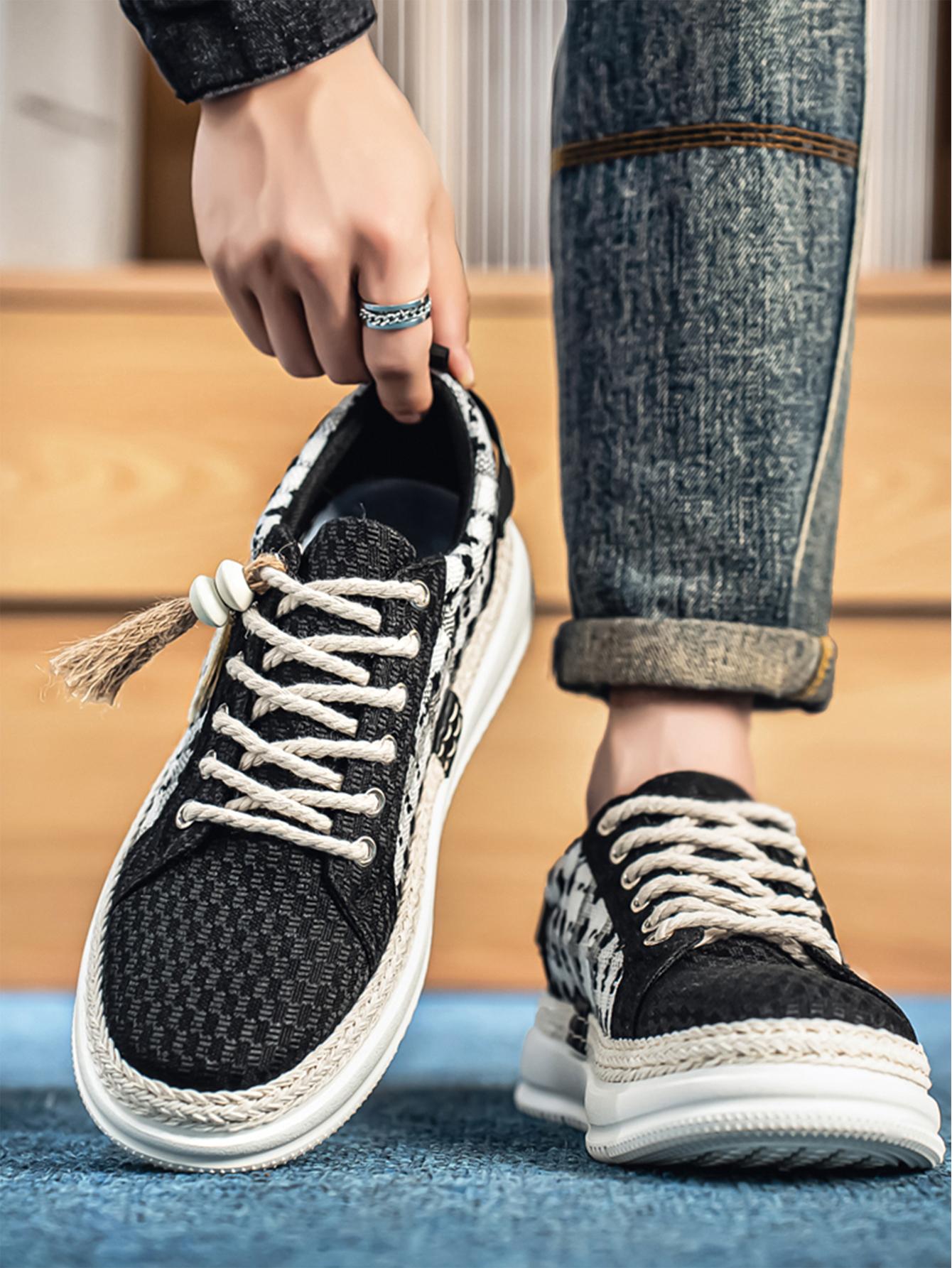 Summer New Men's Retro Plaid Laces, Braided Rope Shoelace Design, Easy-On-Off Hemp Laces, Commuter & Casual Shoes, Versatile Footwear