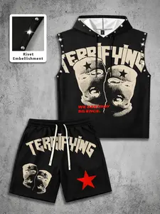 American Hip-Hop Sleeveless Hoodie Set for Men, Rivet Gangster Hat Print Fashion Streetwear, Cool Short Pants Vest Two-Piece Set