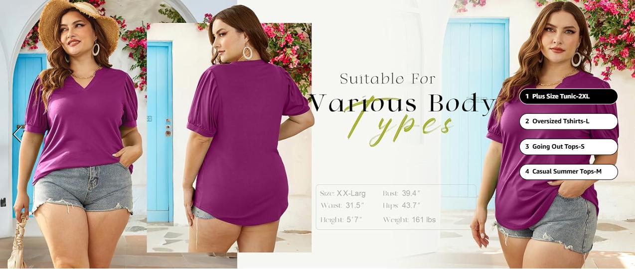 WIHOLL Women's Pleated Puff Sleeve Tops Summer V Neck Tunic Shirts Loose Curved Hem Blouses Dressy Casual S-3XL Fabric Fashion women's summer outfits plus size summer outfit SpringStatements