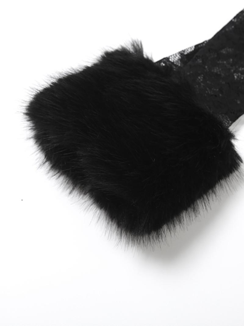 Women's Fashion Print Fur Collar Lace Patchwork Sexy Transparent Long Pants Two-Piece Set, Fall Winter New Arrival