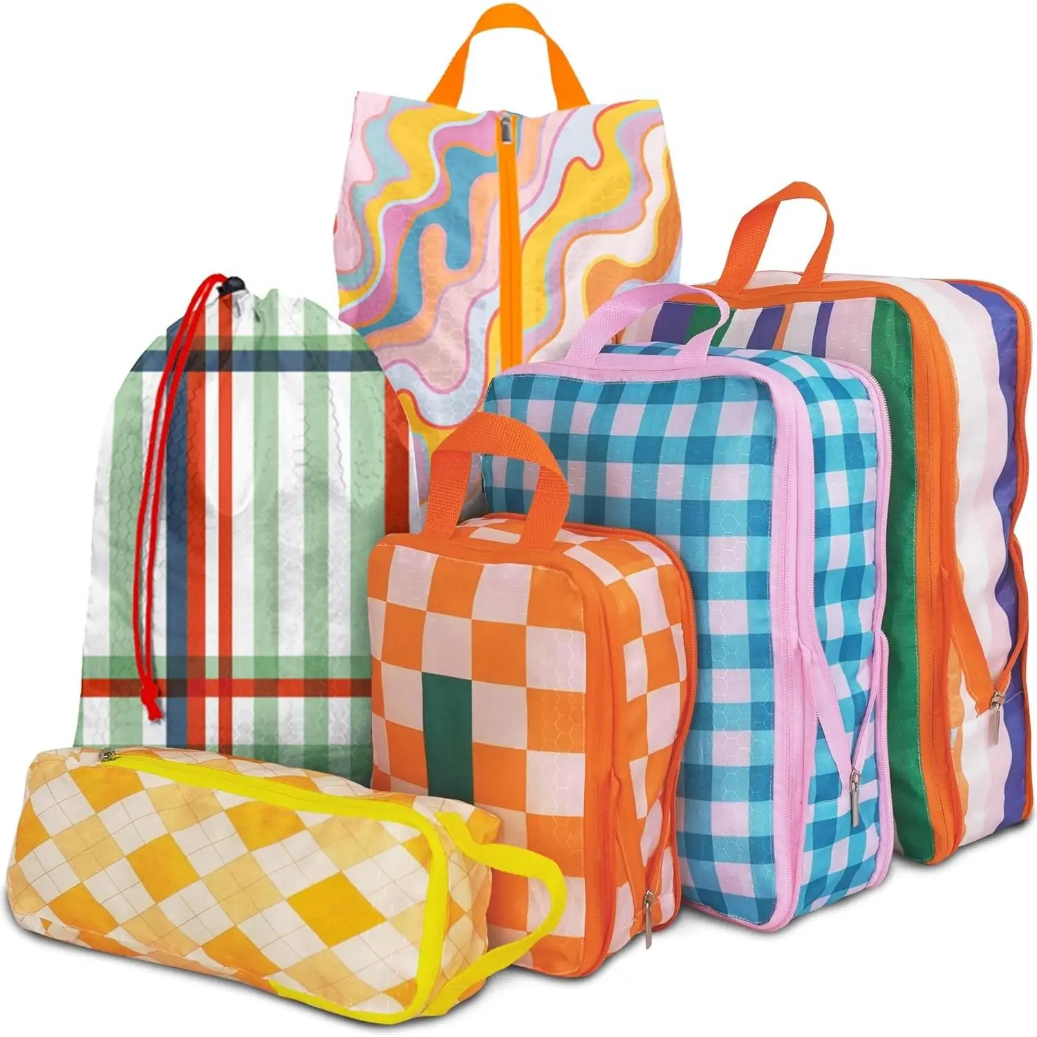 6-Piece Fabric Compression Packing Cubes Set - Waterproof Luggage Org., Patterned Multi-Size Home Organizer Bags for Women’s Travel Backpack Carry-Ons