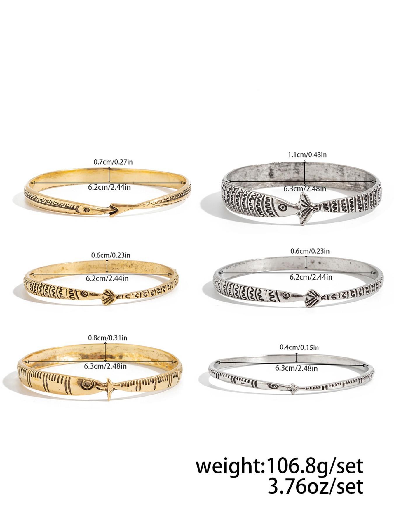 Women's 6-Piece Retro Tribal Alloy Cuff Bangle Set - Carved Fish Pattern, Ocean Theme, Layered Jewelry Stack, Vintage Tribal Art, Unisex Arm Candy Accessories, Fashion Bracelets Costume Jewelry