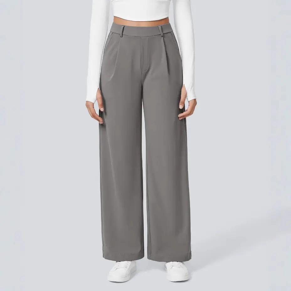 Women’s High-Waisted Wide-Leg Dress Pants with Pockets – Stretchy Loose Straight-Leg Tailored Trousers, Slimming Business Casual Work Pants for Office, Travel and Everyday Wear
