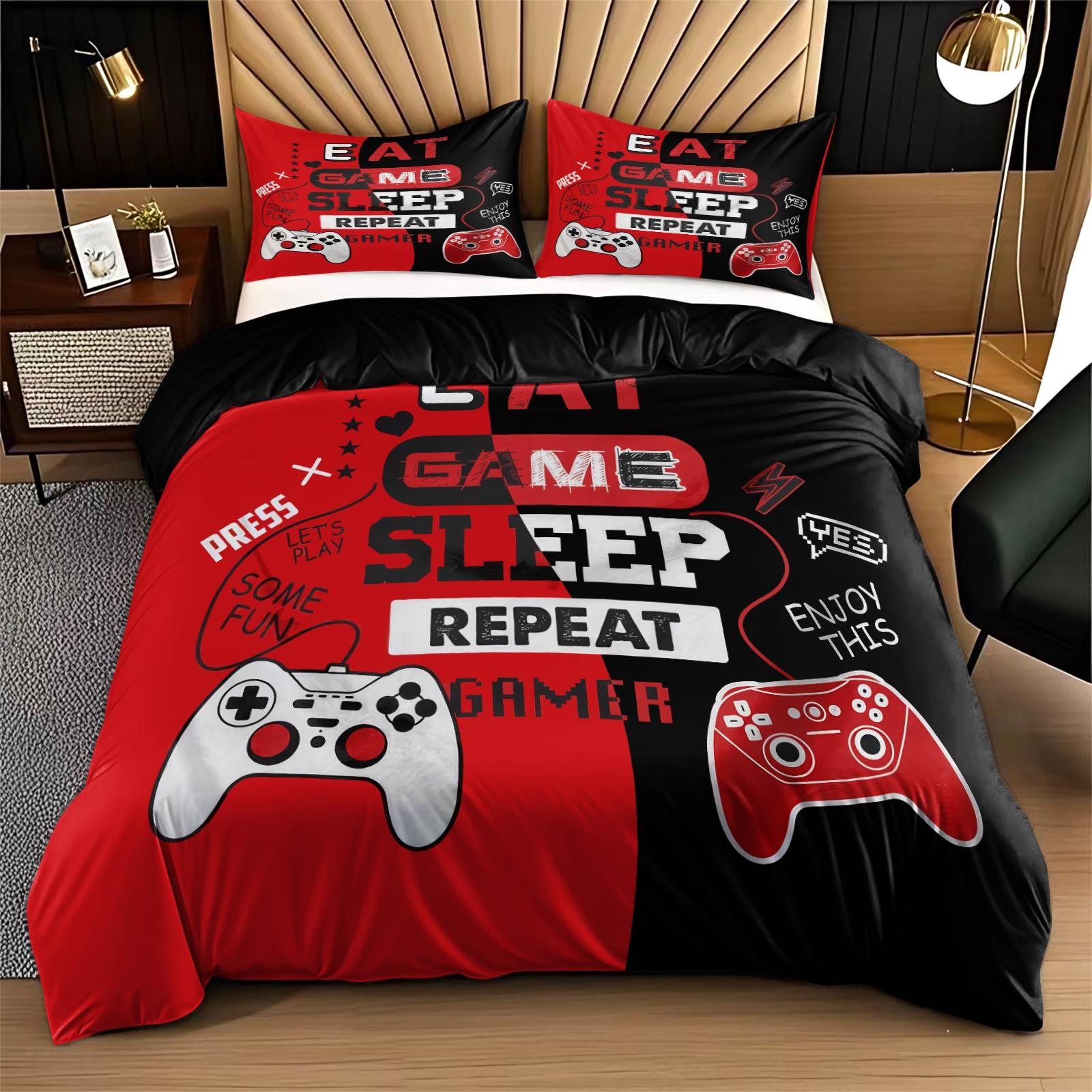 3-Piece Game Controller Print Bedding Set, Soft Breathable Fabric, All-Season Use, Includes 1 Fitted Sheet + 2 Pillowcases