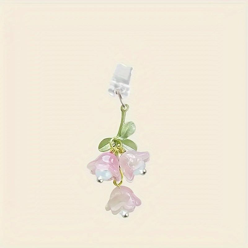 Cute Lily of the Valley Phone Dust Plug, Fairycore Floral Wind Chime Charm, Aesthetic Charging Port Cover for Cell Phone Type-C