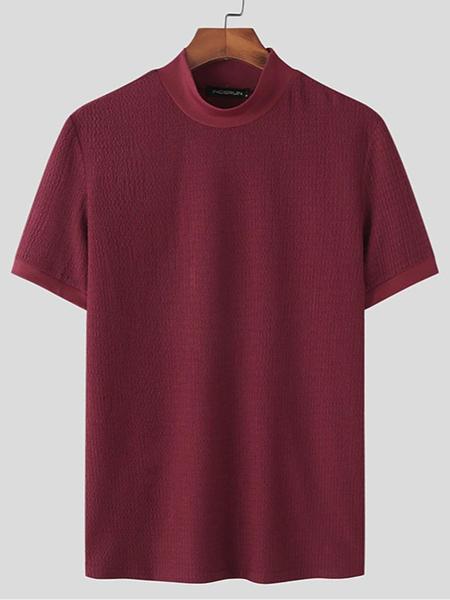 Men's Solid High Neck Knit Water Ripple Short Sleeve T-Shirt, Stylish Casual Sport Underwear, Outdoor Travel and Daily Leisure Essential Unisex Neutral