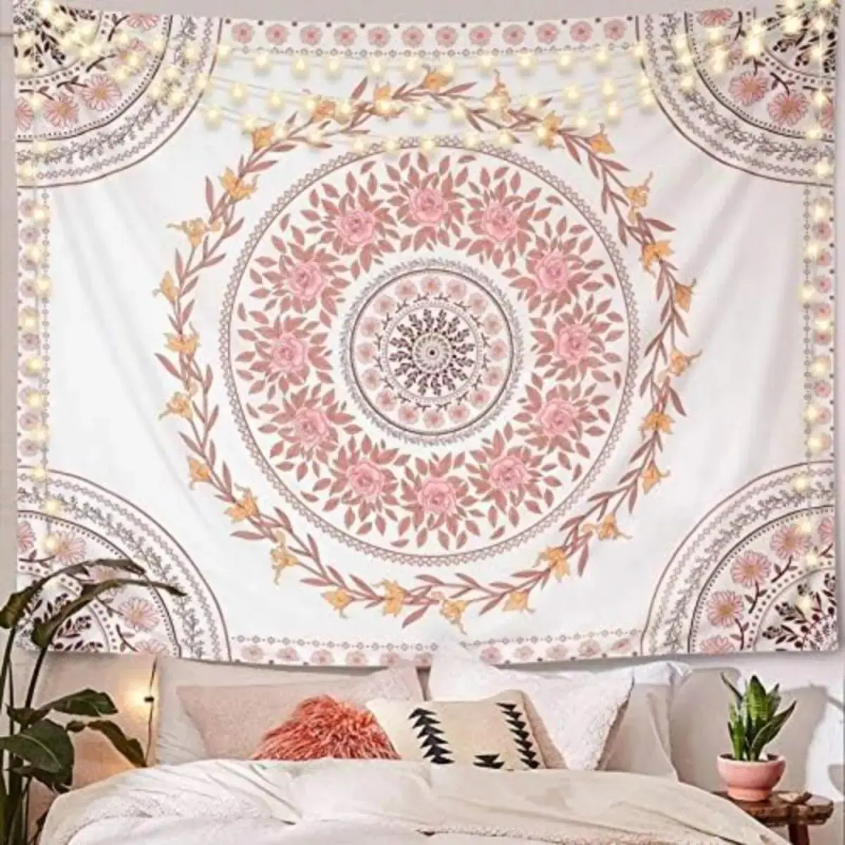 Boho Mandala Tapestry - Pink Floral Medallion Retro Indoor Wall Hanging, Fly Spray Printed Home Art, Machine Washable Adult Gift (Under $100, Budget Flower Design, Indoors Decor)