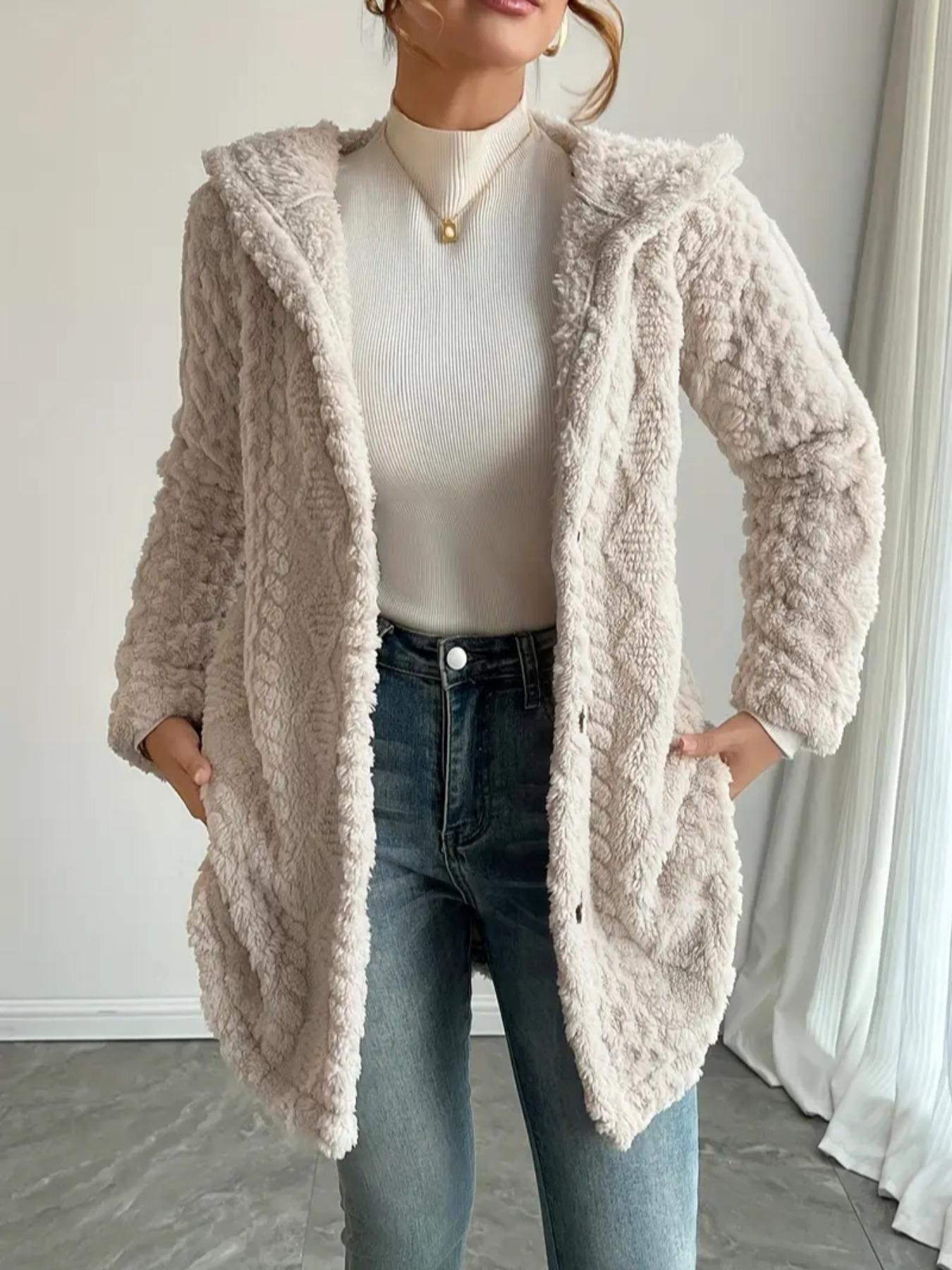 Women's Fall Winter Warm Hooded Plush Jacket, Soft Textured Button Front Coat, Casual Loose Fit Outerwear for Daily Wear