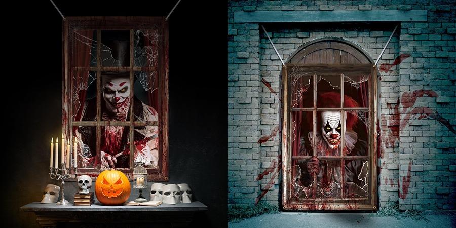 2/3 Pcs Halloween Window Cover Decoration, Bloody Creepy Clown Scene Curtains for Haunted House, Reusable Fabric Horror Decorations for Indoor Outdoor Party, 31 x 47 Inches