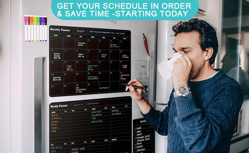 Magnetic Calendar for Refrigerator (3-Pack) Monthly and Weekly Dry Erase Fridge Whiteboard, Menu Schedule Planner Board, to-Do List, Notepad with 8 Markers,1 Eraser, and 1 Shopping List (Black-White) Home Office