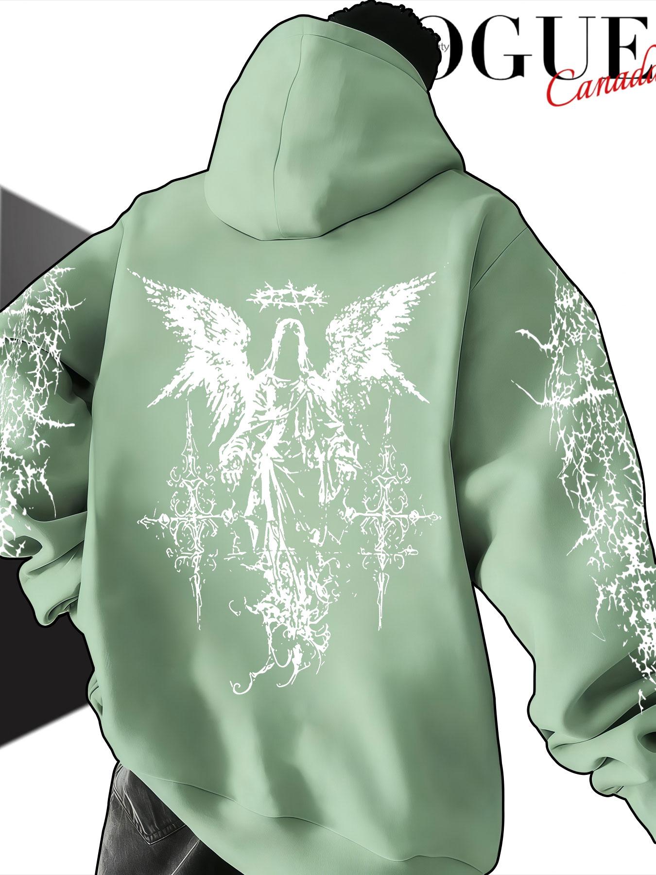 Men's Hooded Sweatshirt Fall Winter, Thorns Angel Cross Print, Gothic Style Loose Fit, Casual Random Pattern, Non-Outer Vest
