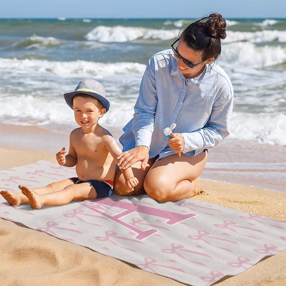 Pink Romantic Ballet Bow Alphabet Sand-Free Beach Towel, for Beach, SPA, Hot Spring, Picnic, Camping, Fitness & Yoga, Water Absorbent, Quick-Dry & Portable, Ideal Housewarming Birthday Christmas Gift