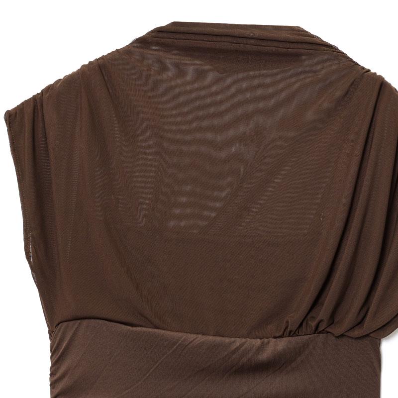 Women's Summer Long Dress Chocolate Brown Mesh Ruched Midi Dress Sleeveless Mock Neck Design Elegant Trendy 2025 new Evening Party Formal Outfit Pleated Hem Women’s Fashion Chiffon Lace Dress