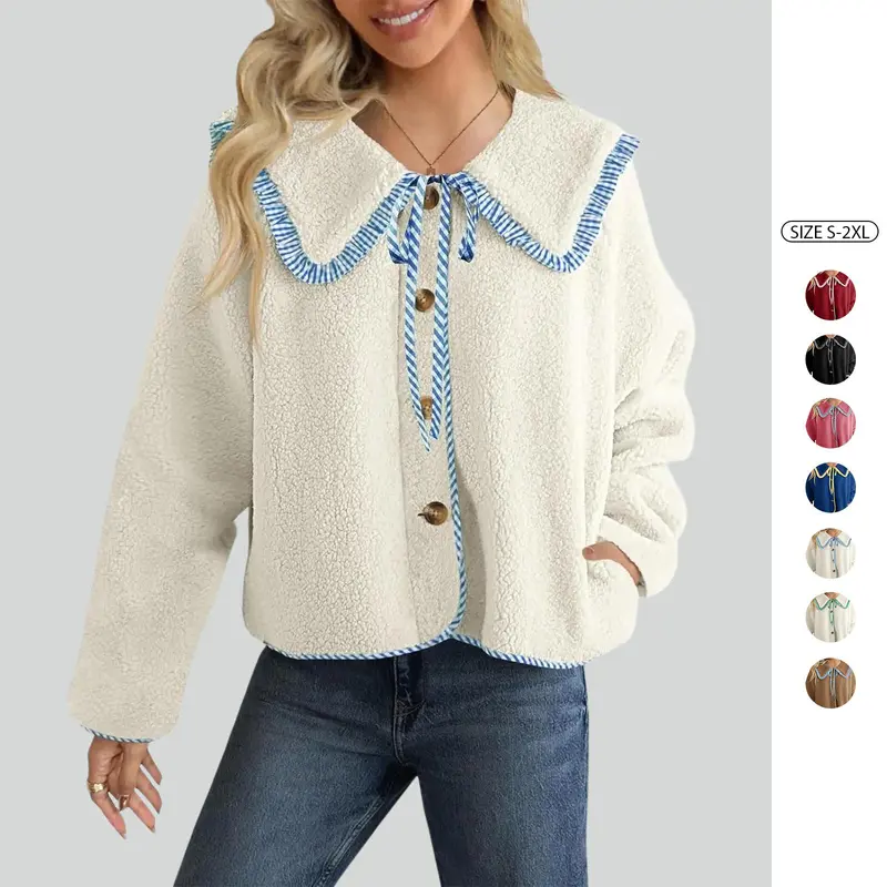 Womens Fuzzy Fleece Jacket Peter Pan Collar Button Down Fall Winter Sherpa Coats Colorblock Cute Warm Outerwear