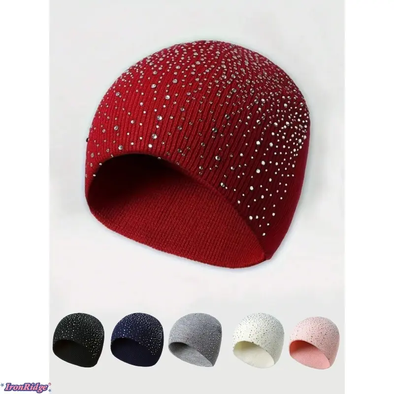 [IronRidge]Starry Rhinestone Knitted Hat, Fitted Woven Acrylic Cap, Casual Elegant Street Style, Stylish Hat, Fashionable Hats, Perfect for Autumn Winter Valentine's Day, Knit Hats, Knitted Beanie Hat
