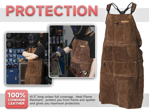 YESWELDER Heavy Duty Cowhide Leather Welding Apron | 41" Length Flame Retardant Apron with 6 Storage Pockets for Welders, Blacksmiths, Woodworkers