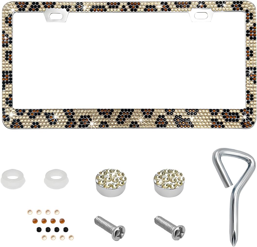 Bling License Plate Frame, Sparkly Rhinestone Car Tag Cover with Glittery Screw Caps, Stainless Steel Handcrafted Crystal Licence Plate Holder for Women, Car Accessories (Leopard Print) Bling License Plate Frame, Sparkly Rhinestone Car Tag Cover with Glittery Screw Caps, Stainless Steel Handcrafted Crystal Licence Plate Holder for Women, Car Accessories (Leopard Print)