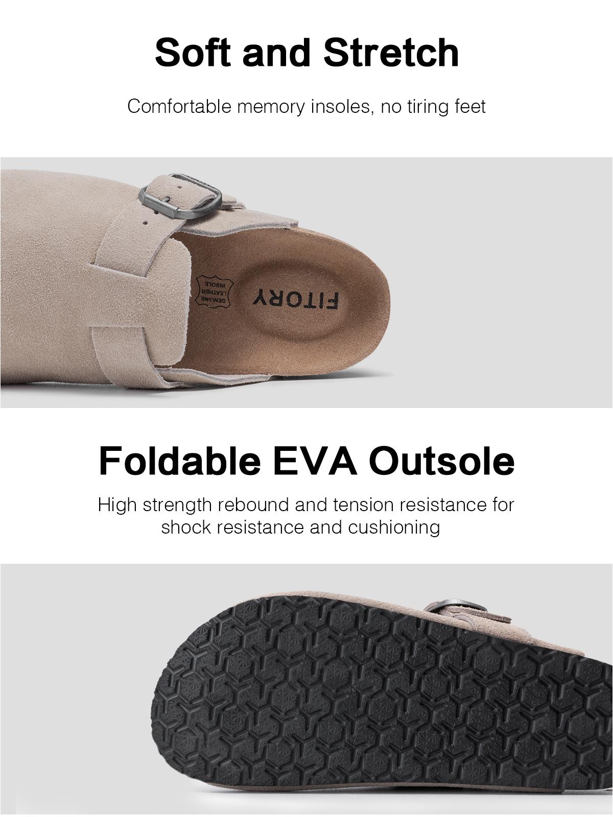 FITORY Breathe I | Men’s Suede Leather Clogs, Cork Footbed, Adjustable Strap, Round-Toe (US 7–14)【Check Measurements Carefully】