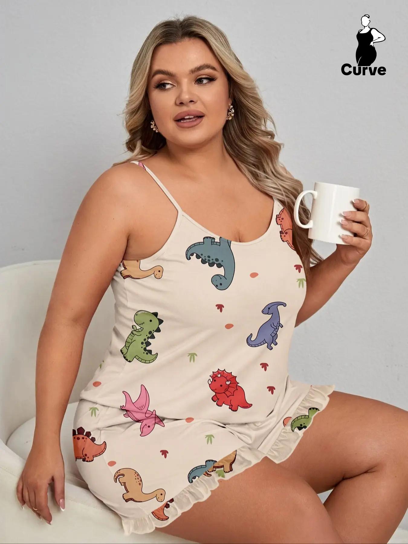 Plus Size Dinosaur Print Elastic Waist Pyjama Set, Casual Cami Top & Ruffle Hem Shorts Set, Summer Outfits 2024, Summer Clothes, Women's Summer Sleepwear