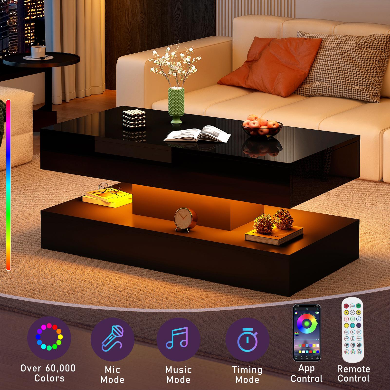 LED Coffee Table with 2 Storage Drawers, Modern High Gloss Black Coffee Table w/20 Colors LED Lights, 2 Tiers Rectangle Center Table for Living Room with Marbling Print, APP Control, Black/White