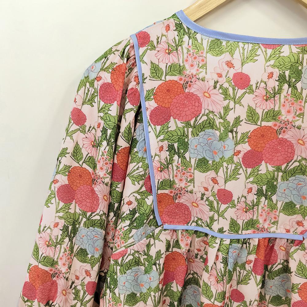 SageVell Pastel Pink Floral Print Top Puff Sleeve Loose Fit Vibrant Blossoms for Fresh Style Boutique Clothing for Moms Teachers Round Neck Blue Women's Blouse SpringStatements