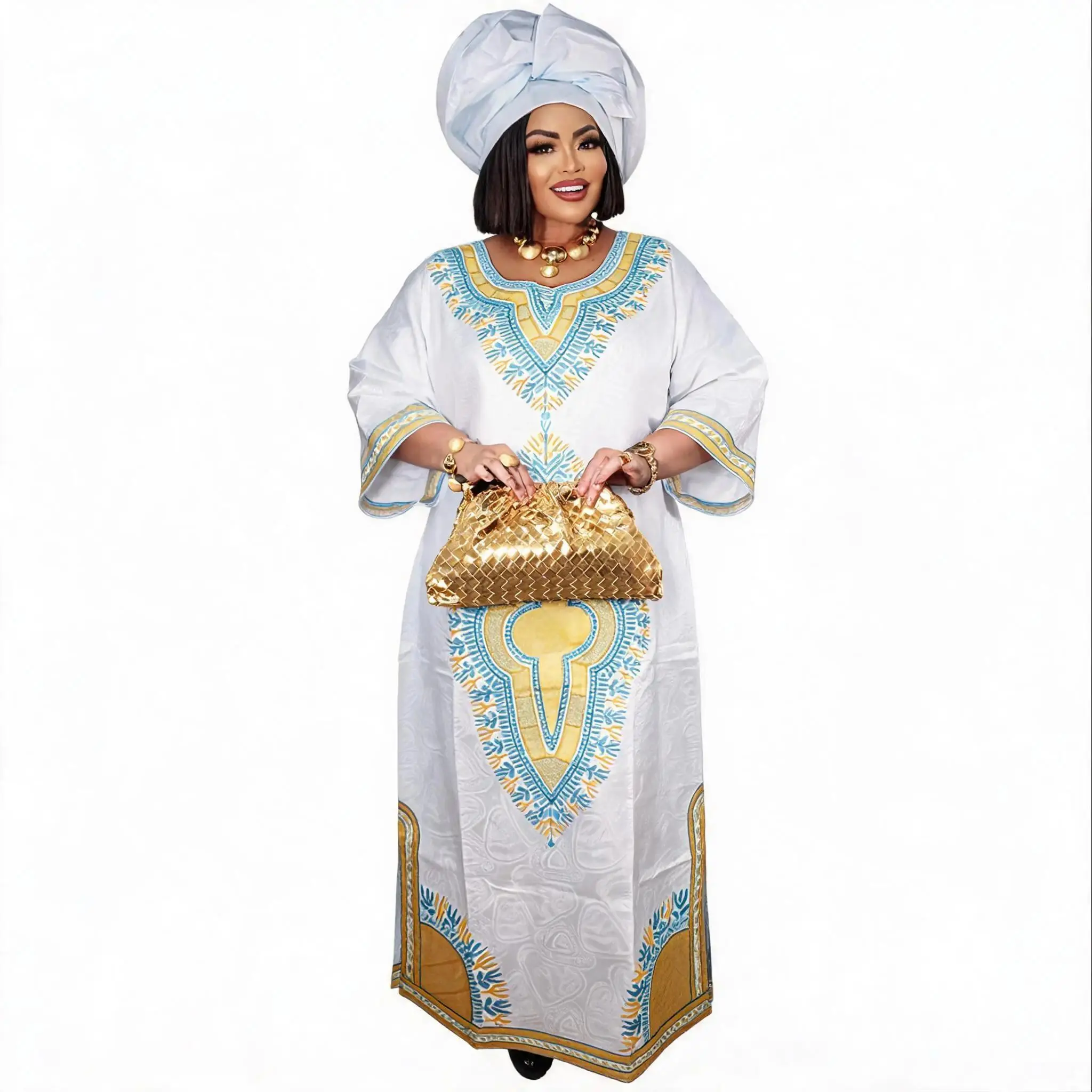African Dresses For Women Plus Size Bazin Riche Embroidery Design Long Dress With Scarf