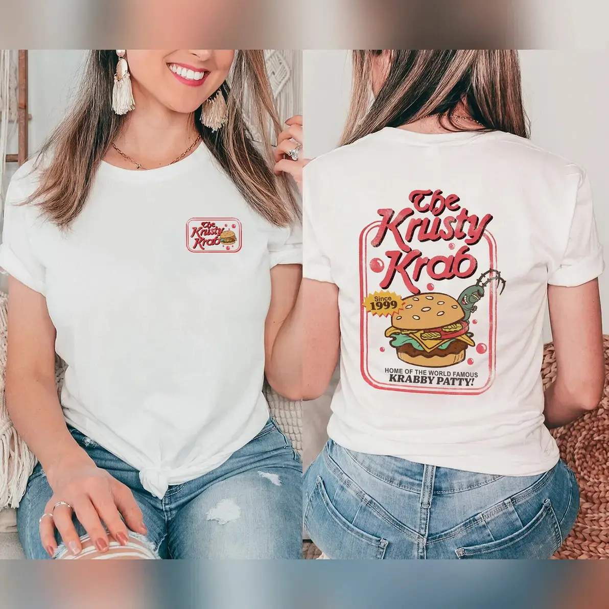 And Adult#sshirteb0b#squarep@nts The Krusty Krab Plankton T-Shirt Double Sides Casual Graphic Shirt Gift For Men Soft Relax Cotton T-Shirt
