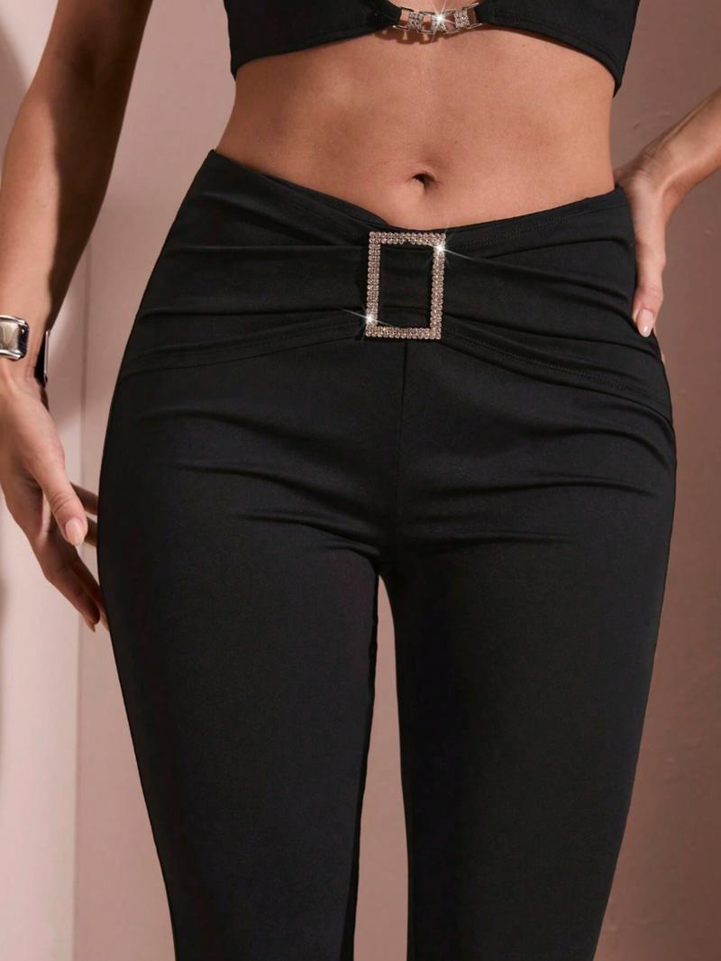 Women's Plus Size Solid Color Pleated Slim Fit Casual Pants with Square Diamond Decoration, Elegant Bell Bottoms for Daily Wear