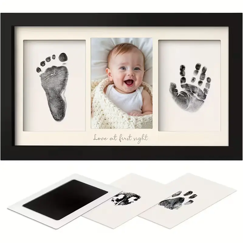8x16 Inch Wood Grain Triple Frame, Lettered Desktop Wall Photo Frame, Print Pad Style, Handprint Keepsake Frame, New Mom Gift, Picture Frames