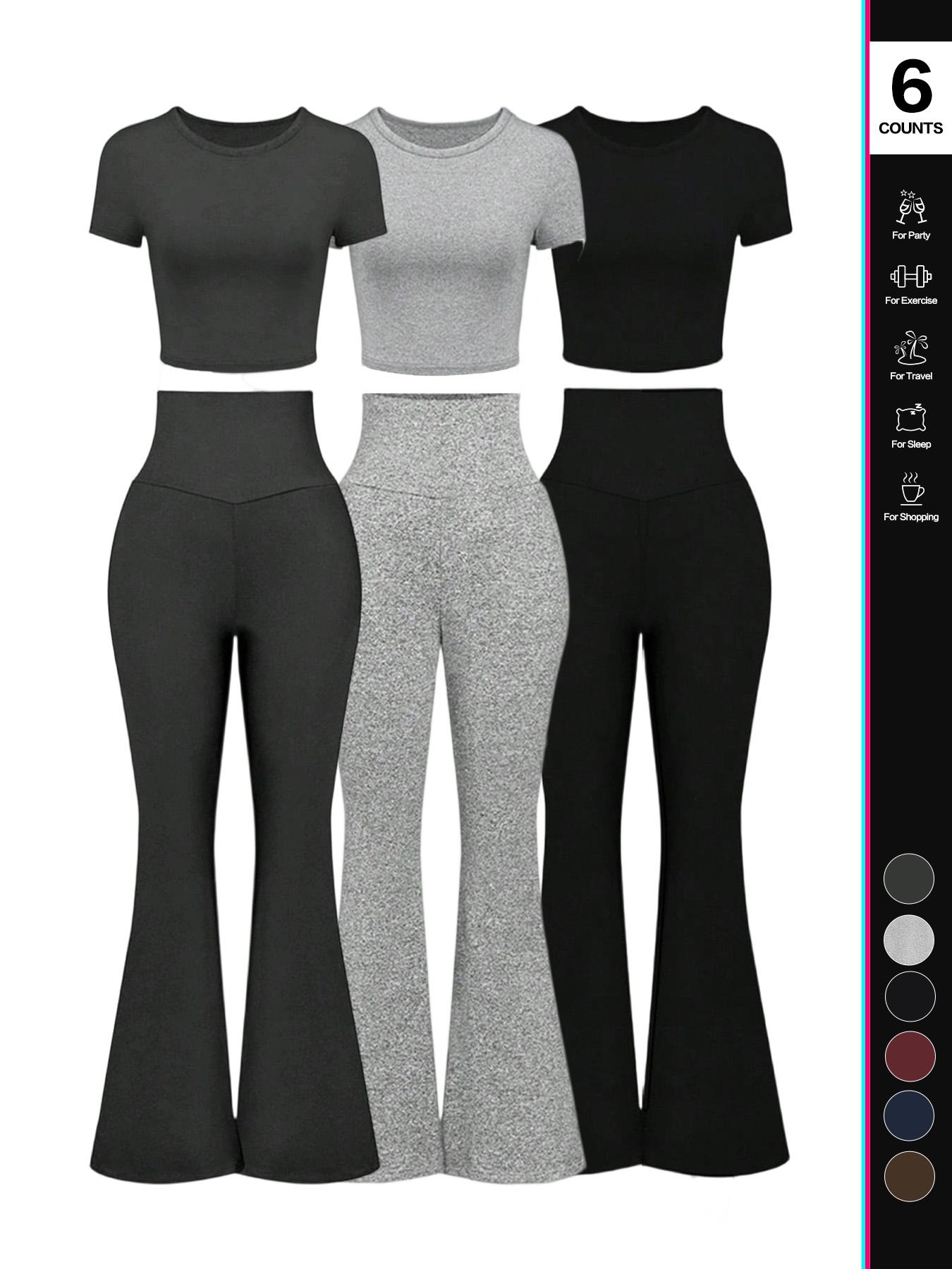 Women's Solid Loungewear Set, Casual Short Sleeve Crop Top & High Waist Flare Leg Pants, Ladies Sleepwear for All Seasons, Pajama Set