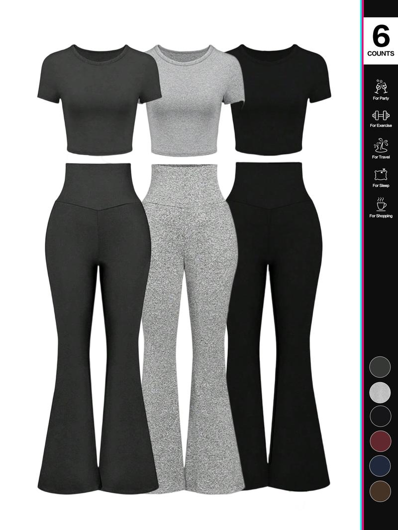 Women's Solid Loungewear Set, Casual Short Sleeve Crop Top & High Waist Flare Leg Pants, Ladies Sleepwear for All Seasons, Pajama Set